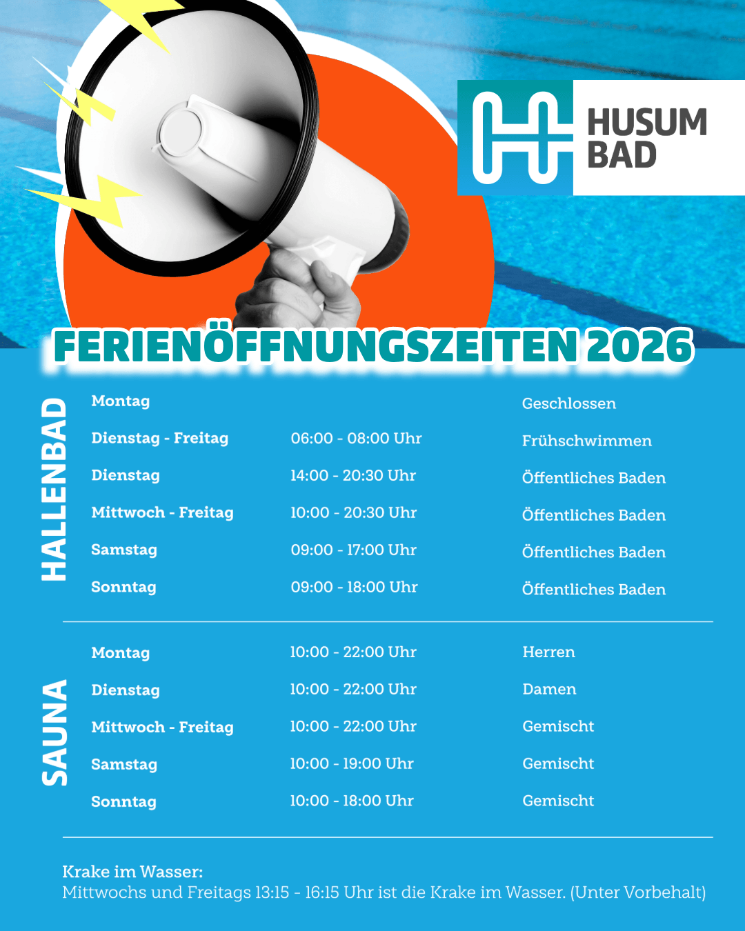 Ferienoeffnungszeiten 2026 fuer Hallenbad und Sauna im Husum Bad